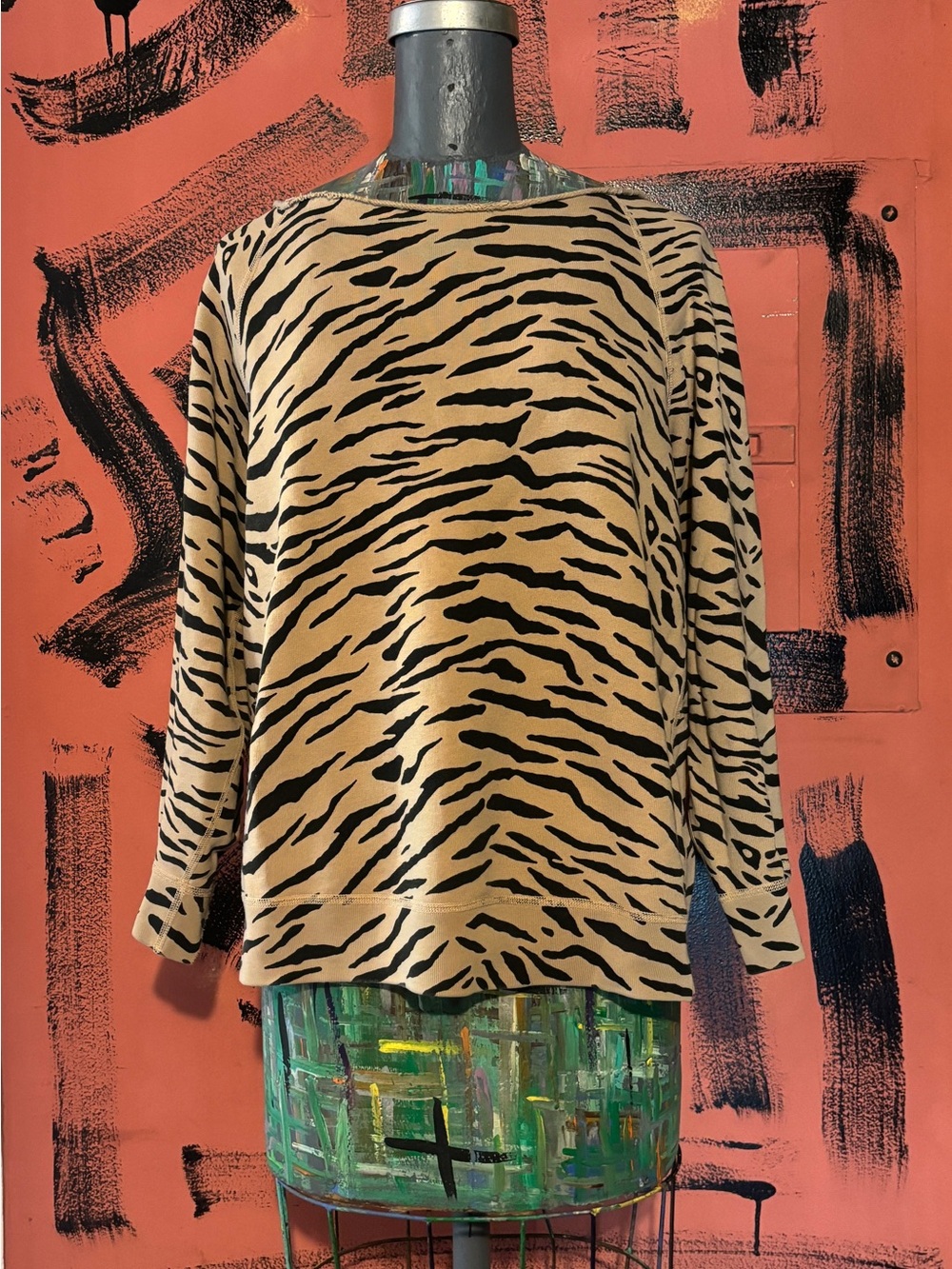 Nili Lotan Black and Tan Zebra Print Scoop Neck Sweater
